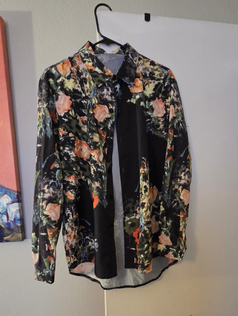Floral Black Button-Up Shirt with Peach Blooms